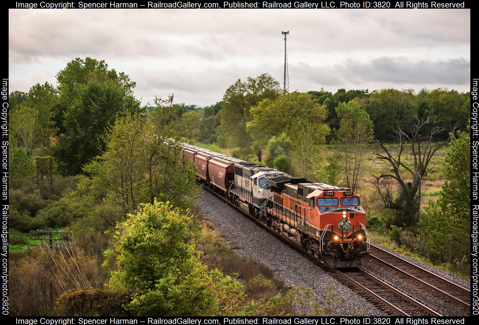 BNSF 1042 is a class GE C44-9W (Dash 9-44CW) and  is pictured in Kendallville, Indiana, USA.  This was taken along the Chicago Line on the Norfolk Southern. Photo Copyright: Spencer Harman uploaded to Railroad Gallery on 09/28/2024. This photograph of BNSF 1042 was taken on Saturday, September 28, 2024. All Rights Reserved. 