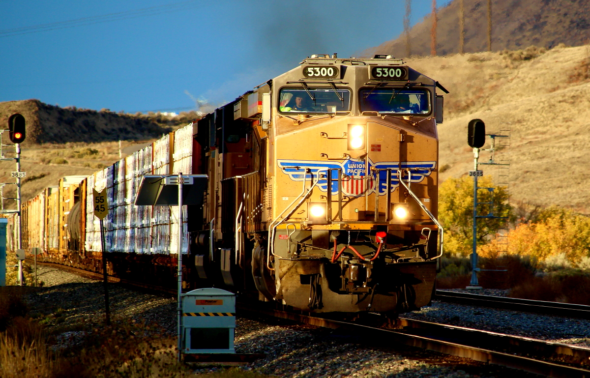 UP 5300 is a class GE ES44AC and  is pictured in King Hill, Idaho, USA.  This was taken along the Nampa/UP on the Union Pacific Railroad. Photo Copyright: Rick Doughty uploaded to Railroad Gallery on 10/03/2024. This photograph of UP 5300 was taken on Monday, October 18, 2021. All Rights Reserved. 