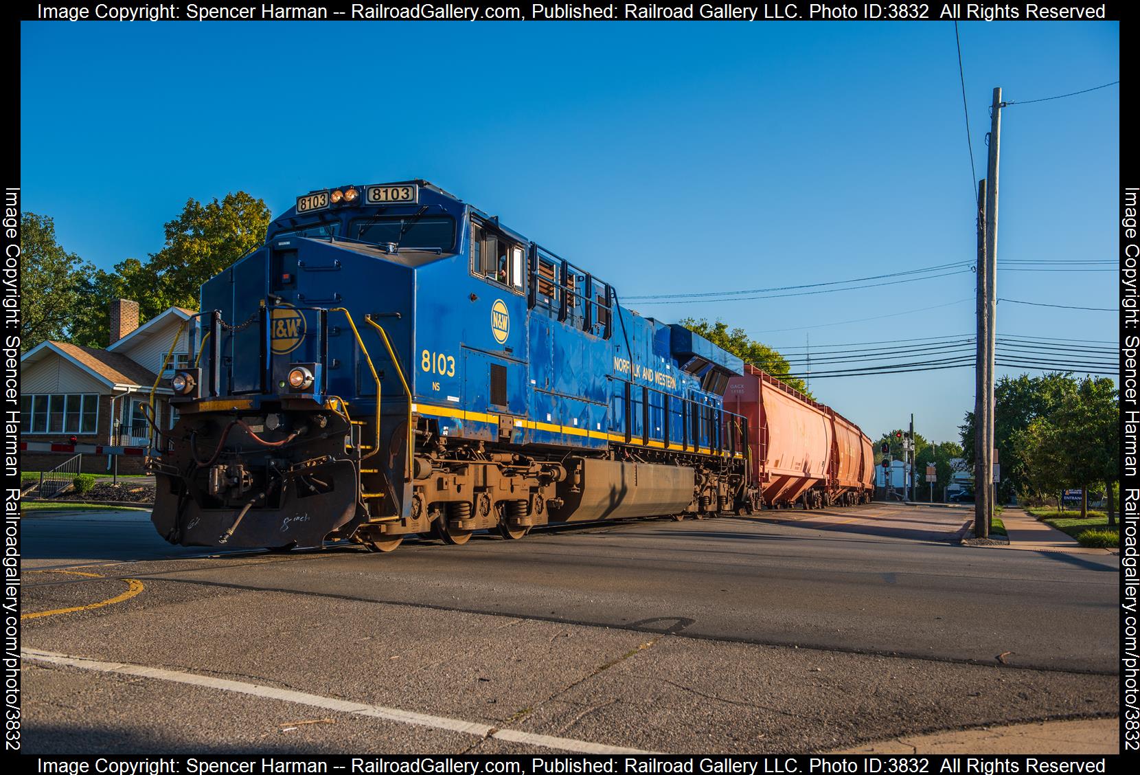 NS 8103 is a class GE ES44AC and  is pictured in Warsaw, Indiana, USA.  This was taken along the Marion Branch on the Norfolk Southern. Photo Copyright: Spencer Harman uploaded to Railroad Gallery on 10/06/2024. This photograph of NS 8103 was taken on Friday, October 04, 2024. All Rights Reserved. 