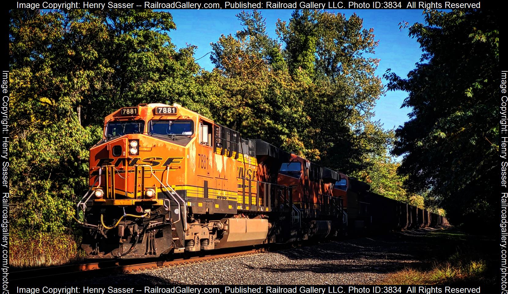 BNSF 7881 is a class GE ES44DC and  is pictured in Fishers Landing, WA. Aka East Vancouver, Washington, USA.  This was taken along the Fallbridge Subdivision on the BNSF Railway. Photo Copyright: Henry Sasser uploaded to Railroad Gallery on 10/07/2024. This photograph of BNSF 7881 was taken on Sunday, October 06, 2024. All Rights Reserved. 