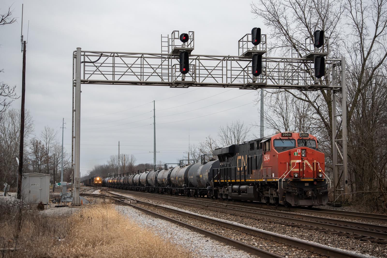 CN 2904 is a class GE ES44AC and  is pictured in Auburn, Indiana, USA.  This was taken along the Garrett Subdivision on the CSX Transportation. Photo Copyright: Spencer Harman uploaded to Railroad Gallery on 12/12/2022. This photograph of CN 2904 was taken on Sunday, December 11, 2022. All Rights Reserved. 