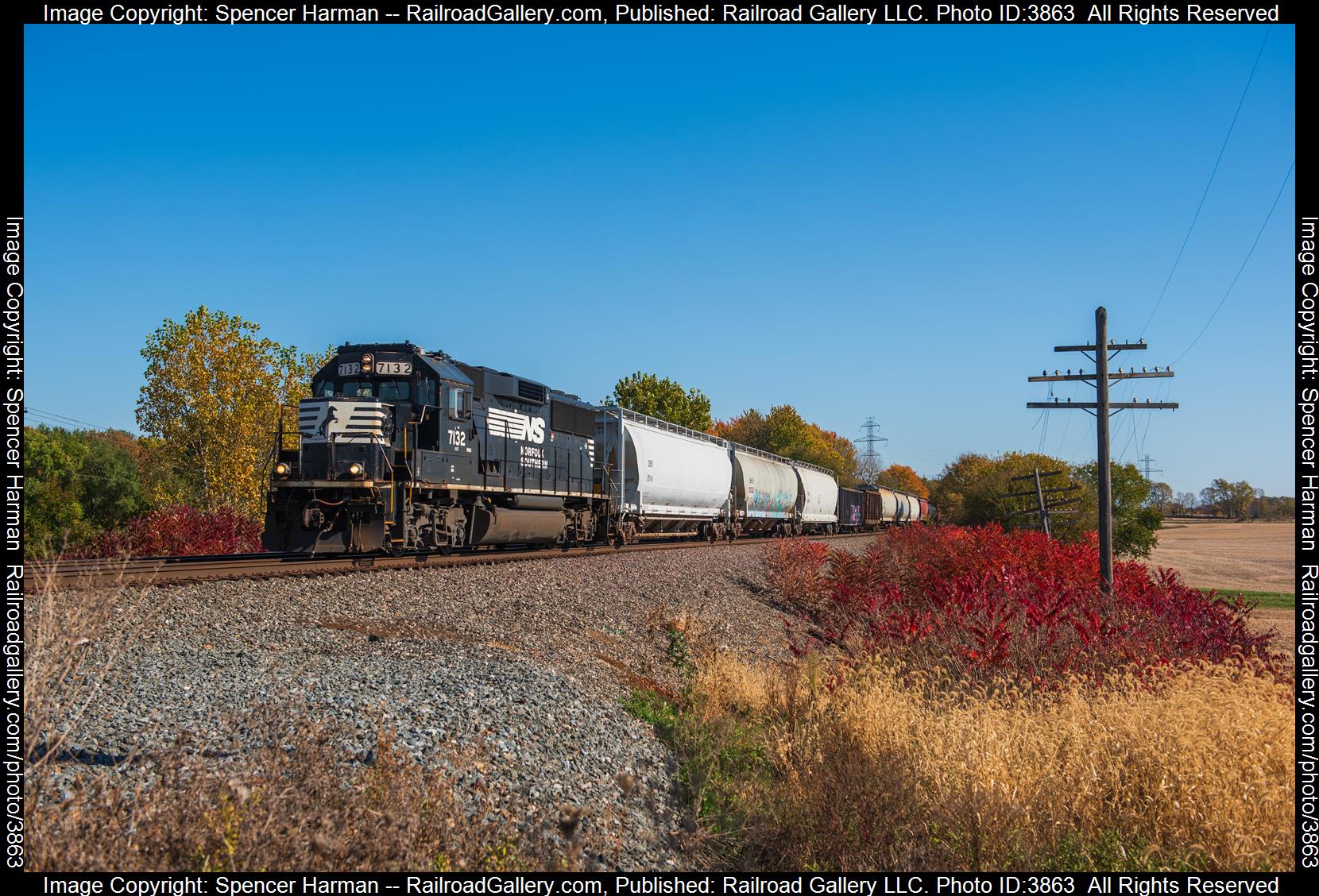 NS 7132 is a class EMD GP60 and  is pictured in Brimfield, Indiana, USA.  This was taken along the Chicago Line on the Norfolk Southern. Photo Copyright: Spencer Harman uploaded to Railroad Gallery on 10/21/2024. This photograph of NS 7132 was taken on Monday, October 21, 2024. All Rights Reserved. 