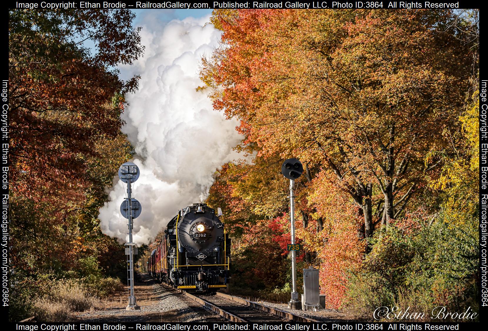 2102 is a class 4-8-4 and  is pictured in Shoemakersville, Pennsylvania, United States.  This was taken along the N/A on the Reading Blue Mountain and Northern Railroad. Photo Copyright: Ethan Brodie uploaded to Railroad Gallery on 10/22/2024. This photograph of 2102 was taken on Saturday, October 19, 2024. All Rights Reserved. 