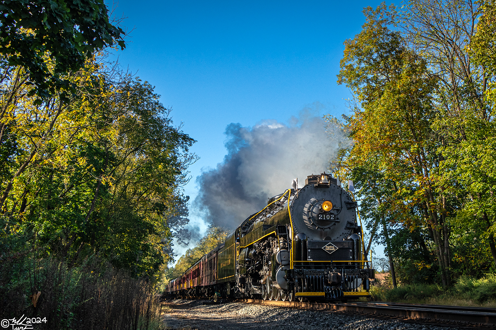 RDG 2102 is a class T-1 and  is pictured in Mohrsville, Pennsylvania, USA.  This was taken along the Mohrsville on the Reading Company. Photo Copyright: Mark Turkovich uploaded to Railroad Gallery on 10/25/2024. This photograph of RDG 2102 was taken on Saturday, October 05, 2024. All Rights Reserved. 