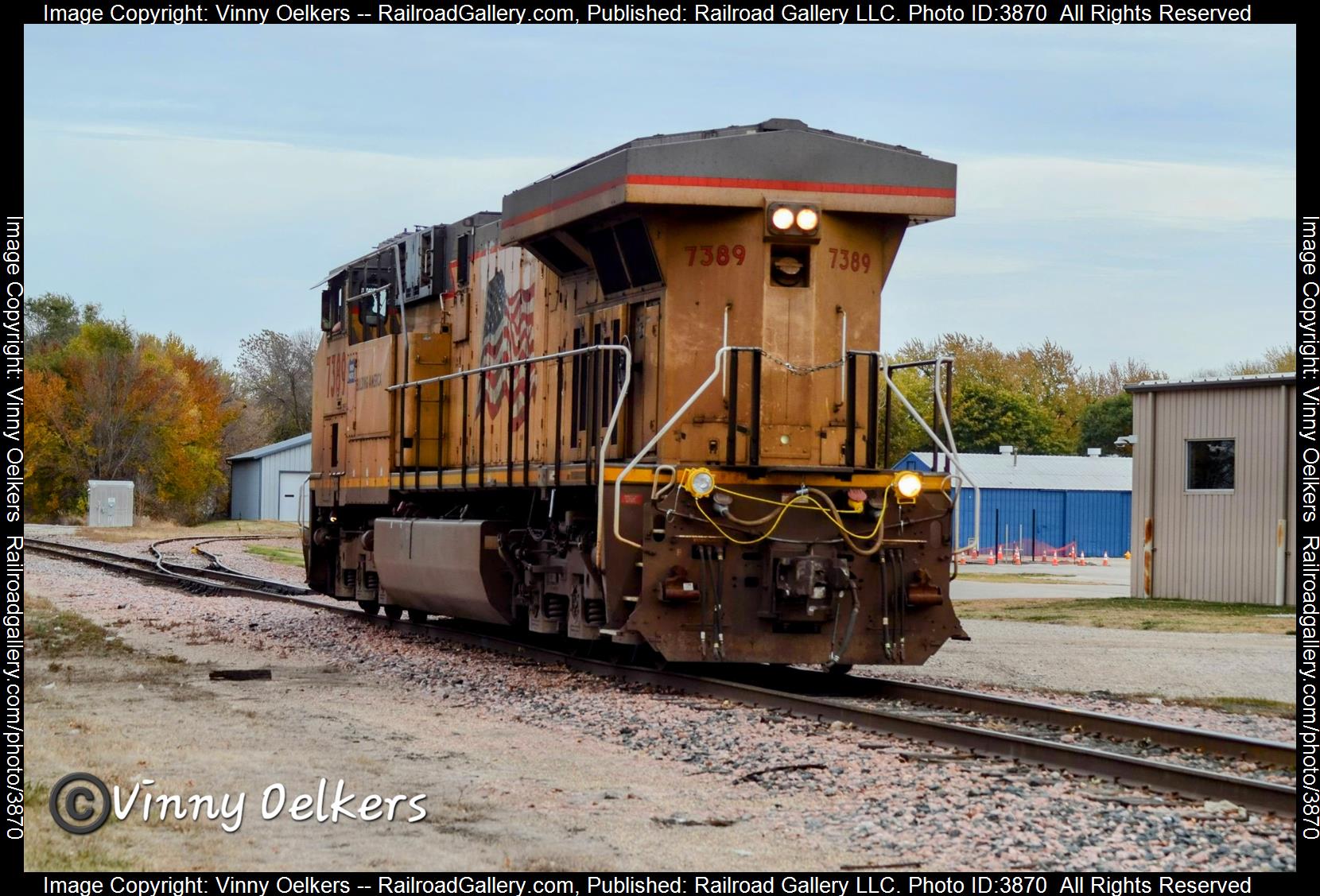 UP 7389 is a class ES44AC and  is pictured in Spencer, IA, United States.  This was taken along the Sheldon Subdivision  on the Union Pacific Railroad. Photo Copyright: Vinny Oelkers uploaded to Railroad Gallery on 10/28/2024. This photograph of UP 7389 was taken on Saturday, October 26, 2024. All Rights Reserved. 