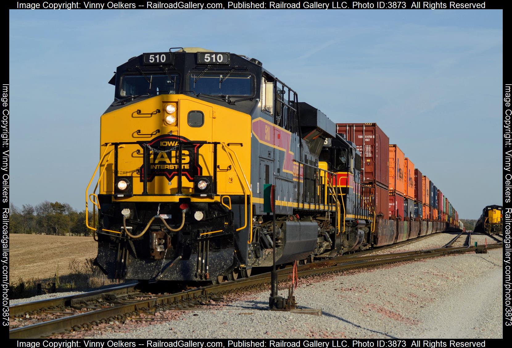 IAIS 510 is a class ES44AC and  is pictured in South Amana, IA, United States.  This was taken along the Newton Subdivision  on the Iowa Interstate Railroad. Photo Copyright: Vinny Oelkers uploaded to Railroad Gallery on 10/29/2024. This photograph of IAIS 510 was taken on Saturday, October 19, 2024. All Rights Reserved. 