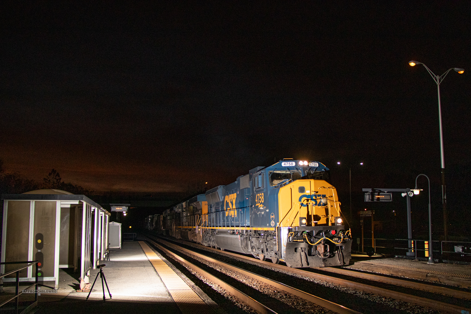 CSXT 4758 is a class EMD SD70AC and  is pictured in Brunswick, Maryland, USA.  This was taken along the Metropolitan Subdivision on the CSX Transportation. Photo Copyright: ApproachSlowRO   uploaded to Railroad Gallery on 10/30/2024. This photograph of CSXT 4758 was taken on Wednesday, October 30, 2024. All Rights Reserved. 