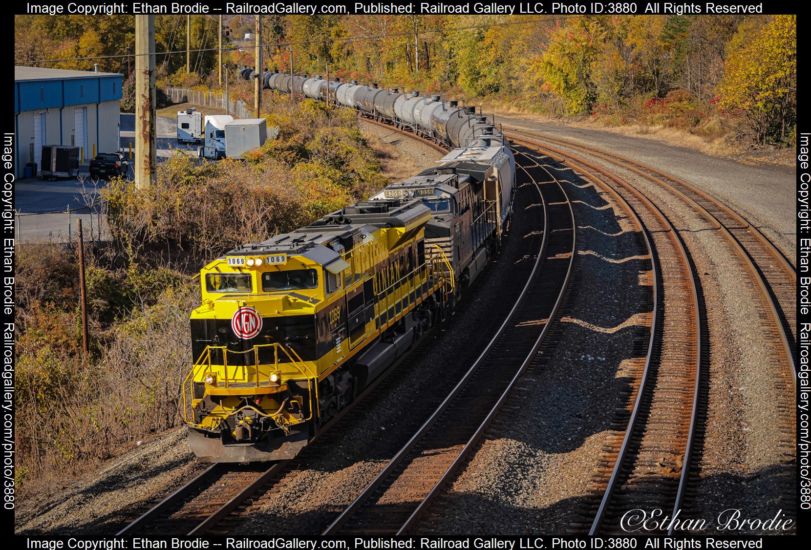 1069 is a class SD70ACe and  is pictured in Harrisburg, Pennsylvania, United States.  This was taken along the Pittsburgh Line on the Norfolk Southern. Photo Copyright: Ethan Brodie uploaded to Railroad Gallery on 11/01/2024. This photograph of 1069 was taken on Friday, October 25, 2024. All Rights Reserved. 