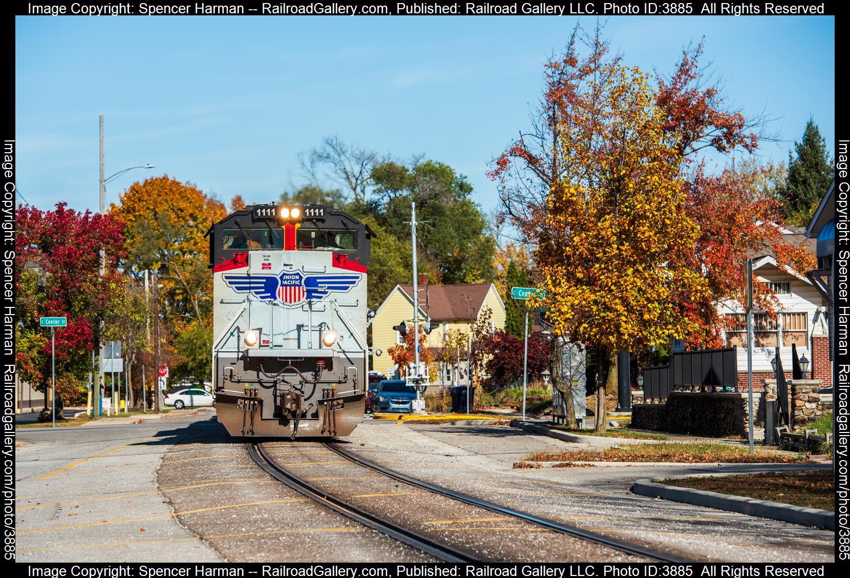 UP 1111 is a class EMD SD70ACe and  is pictured in Warsaw, Indiana, USA.  This was taken along the Marion Branch on the Norfolk Southern. Photo Copyright: Spencer Harman uploaded to Railroad Gallery on 11/02/2024. This photograph of UP 1111 was taken on Saturday, November 02, 2024. All Rights Reserved. 