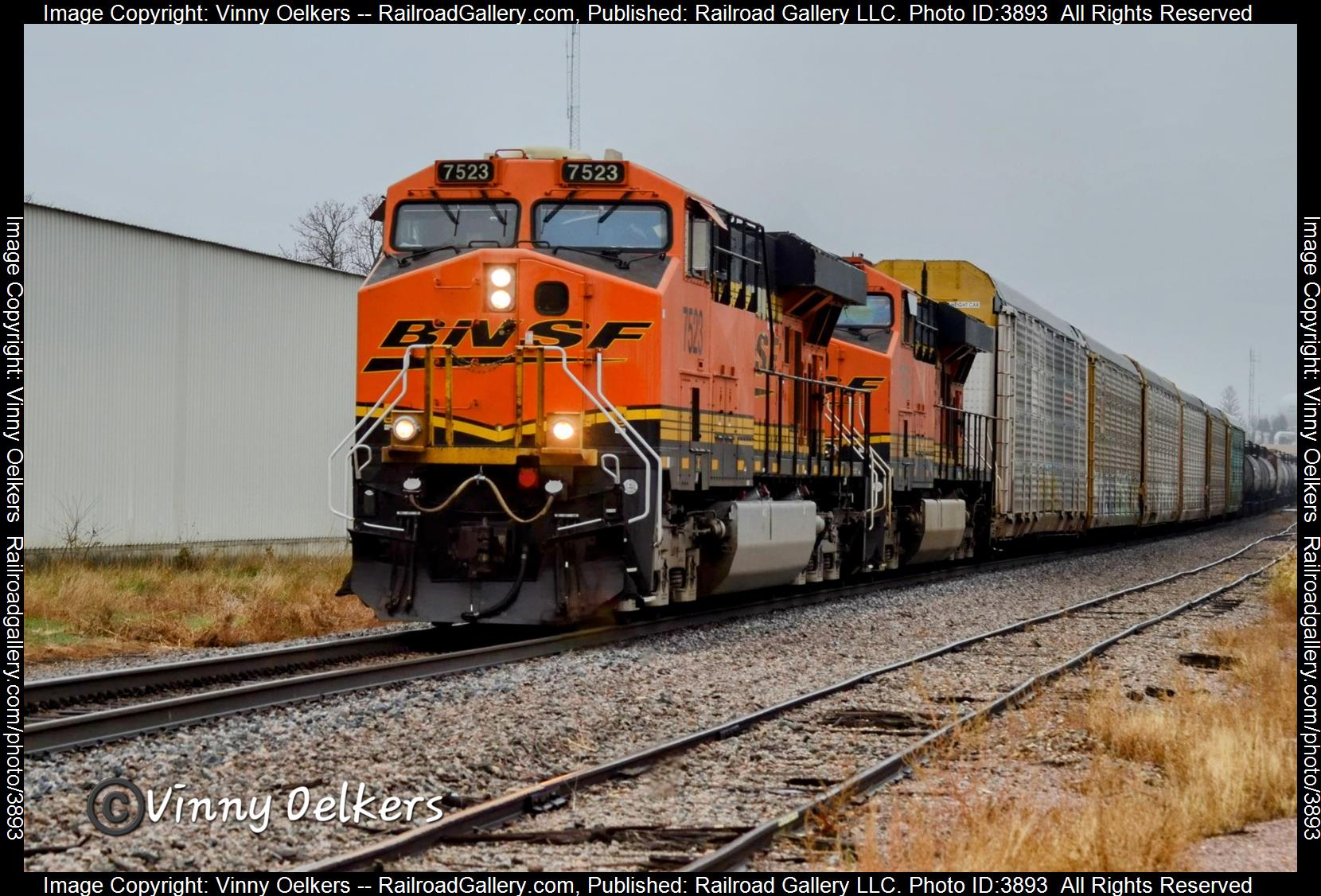 BNSF 7523 is a class ES44AC and  is pictured in Sioux Center, IA, United States.  This was taken along the Marshall Subdivision  on the BNSF Railway. Photo Copyright: Vinny Oelkers uploaded to Railroad Gallery on 11/05/2024. This photograph of BNSF 7523 was taken on Sunday, November 03, 2024. All Rights Reserved. 