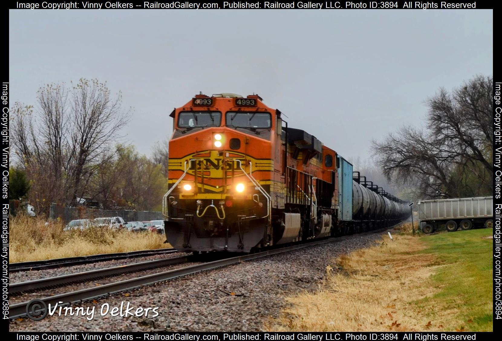 BNSF 4993 is a class AC44 and  is pictured in Spencer, IA, United States.  This was taken along the Marshall Subdivision  on the BNSF Railway. Photo Copyright: Vinny Oelkers uploaded to Railroad Gallery on 11/05/2024. This photograph of BNSF 4993 was taken on Sunday, November 03, 2024. All Rights Reserved. 