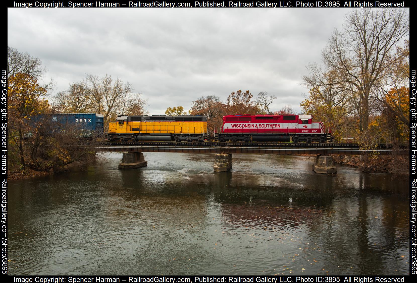 WAMX 4190 is a class EMD SD40-2 and  is pictured in Three Rivers, Michigan, USA.  This was taken along the Kalamazoo Subdivision on the Grand Elk Railroad. Photo Copyright: Spencer Harman uploaded to Railroad Gallery on 11/05/2024. This photograph of WAMX 4190 was taken on Tuesday, November 05, 2024. All Rights Reserved. 