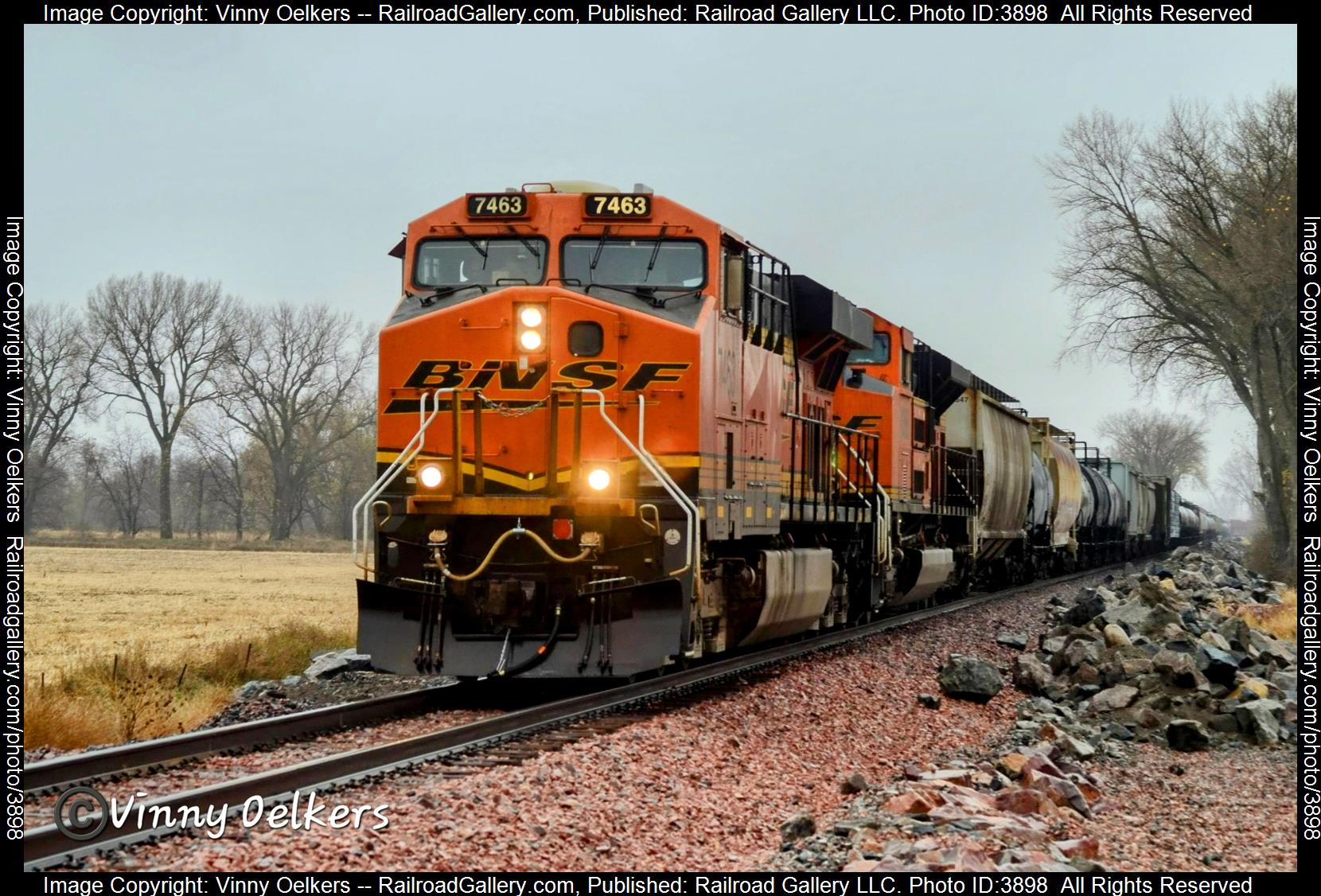 BNSF 7463 is a class ES44AC and  is pictured in Alvord , IA, United States.  This was taken along the Marshall Subdivision  on the BNSF Railway. Photo Copyright: Vinny Oelkers uploaded to Railroad Gallery on 11/07/2024. This photograph of BNSF 7463 was taken on Sunday, November 03, 2024. All Rights Reserved. 