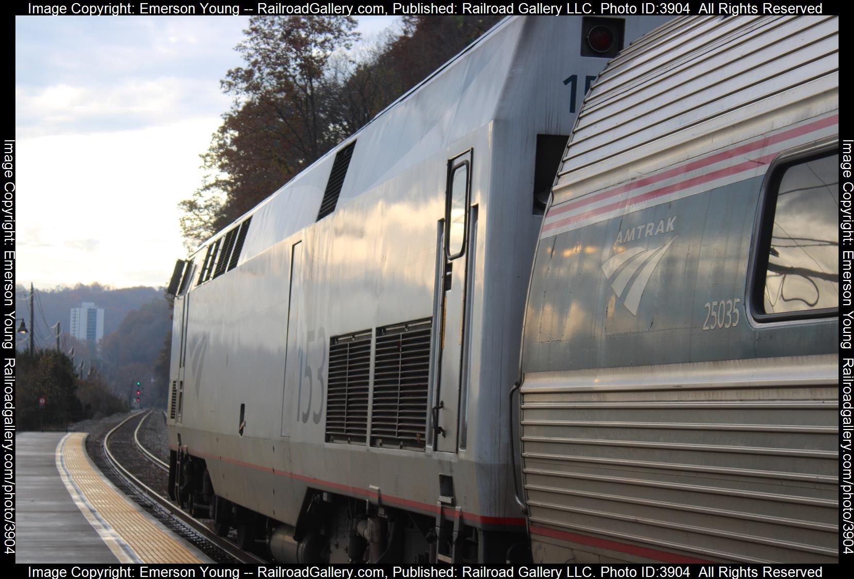 Amtrak 153 is a class P42  and  is pictured in Charleston , West Virginia, USA.  This was taken along the CSX Kanawha Subdivision  on the CSX . Photo Copyright: Emerson Young uploaded to Railroad Gallery on 11/11/2024. This photograph of Amtrak 153 was taken on Sunday, November 10, 2024. All Rights Reserved. 