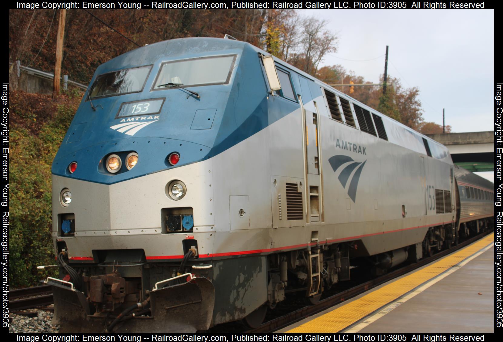 Amtrak 153 is a class P42 and  is pictured in Charleston , West Virginia, USA.  This was taken along the CSX Kanahaw Sub  on the Amtrak. Photo Copyright: Emerson Young uploaded to Railroad Gallery on 11/11/2024. This photograph of Amtrak 153 was taken on Sunday, November 10, 2024. All Rights Reserved. 