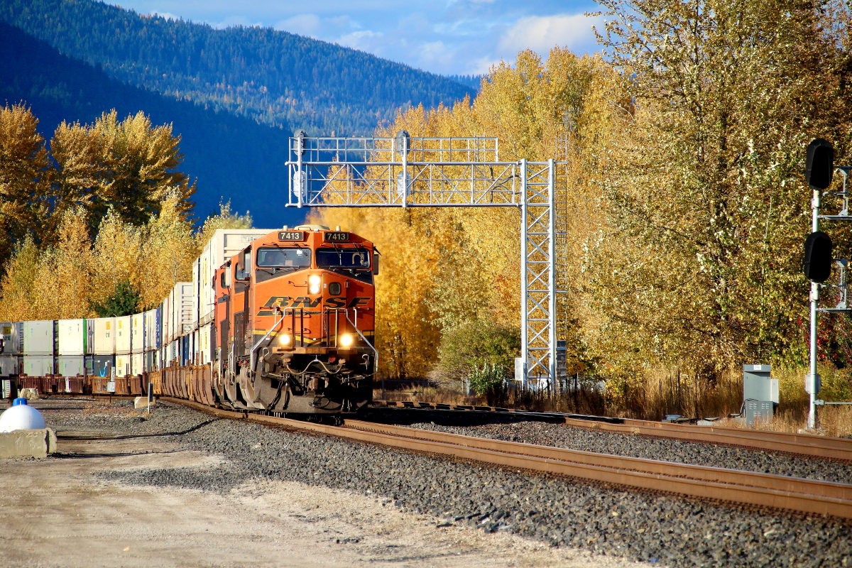 BNSF 7413 is a class GE ES44C4 and  is pictured in Sandpoint, Idaho, USA.  This was taken along the Spokane/BNSF on the BNSF Railway. Photo Copyright: Rick Doughty uploaded to Railroad Gallery on 11/12/2024. This photograph of BNSF 7413 was taken on Sunday, October 20, 2024. All Rights Reserved. 