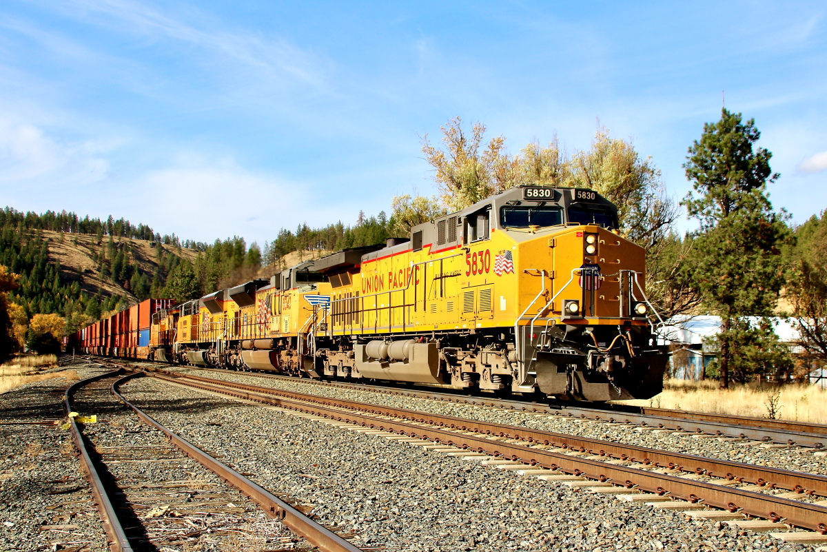 UP 5830 is a class GE AC4400CW-CTE and  is pictured in Hilgard, Oregon, USA.  This was taken along the La Grande/UP on the Union Pacific Railroad. Photo Copyright: Rick Doughty uploaded to Railroad Gallery on 11/13/2024. This photograph of UP 5830 was taken on Tuesday, October 22, 2024. All Rights Reserved. 