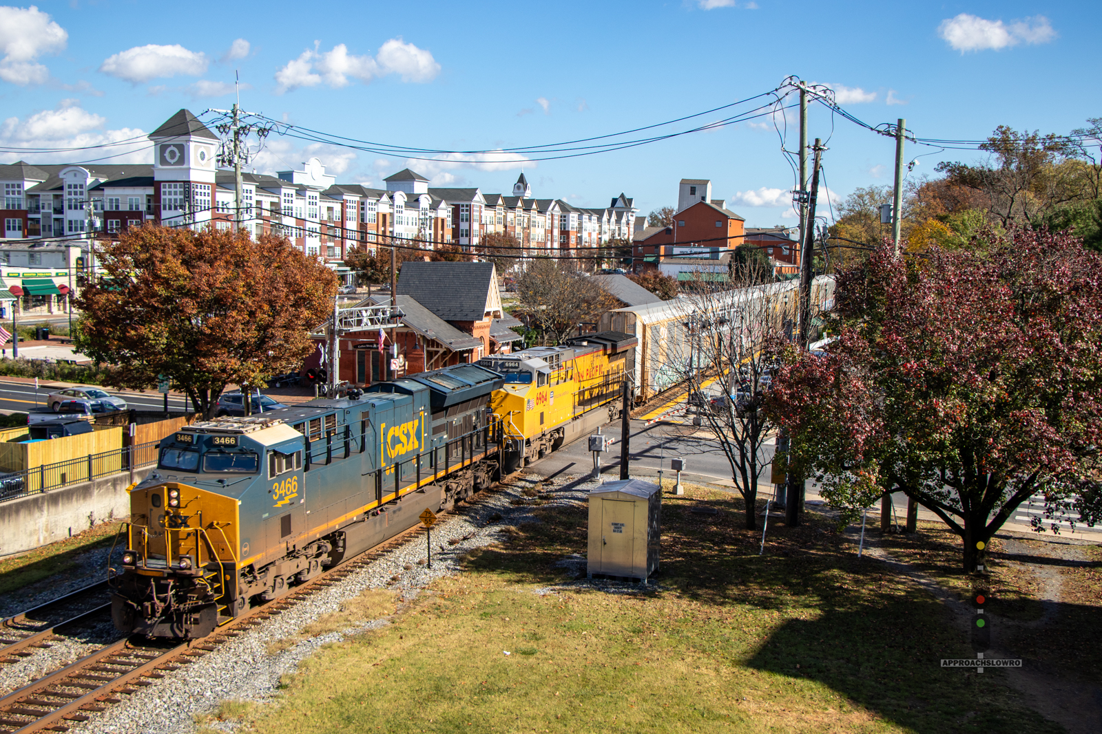 CSXT 3466 is a class GE ET44AH and  is pictured in Gaithersburg, Maryland, USA.  This was taken along the Metropolitan Subdivision on the CSX Transportation. Photo Copyright: ApproachSlowRO   uploaded to Railroad Gallery on 11/16/2024. This photograph of CSXT 3466 was taken on Monday, November 11, 2024. All Rights Reserved. 