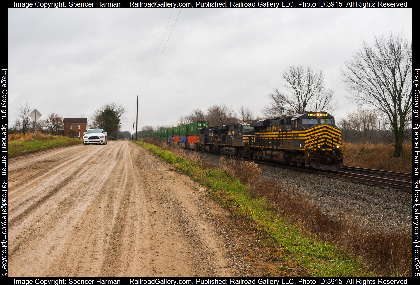 NS 8100 is a class GE ES44AC and  is pictured in Ligonier, Indiana, USA.  This was taken along the Chicago Line on the Norfolk Southern. Photo Copyright: Spencer Harman uploaded to Railroad Gallery on 11/17/2024. This photograph of NS 8100 was taken on Friday, November 15, 2024. All Rights Reserved. 