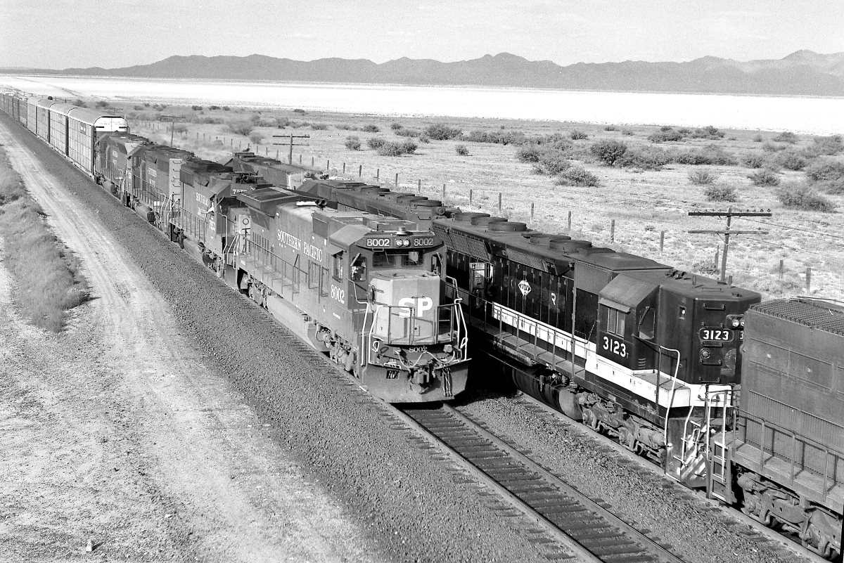 SP 8002 is a class GE B39-8 (Dash 8-39B) and  is pictured in Cochise, Arizona, USA.  This was taken along the Lordsburg/SP on the Southern Pacific Transportation Company. Photo Copyright: Rick Doughty uploaded to Railroad Gallery on 11/19/2024. This photograph of SP 8002 was taken on Monday, September 05, 1988. All Rights Reserved. 