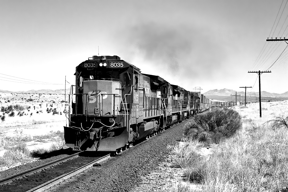 SP 8035 is a class GE B39-8E (Dash 8-39BE) and  is pictured in Mescal, Arizona, USA.  This was taken along the Lordsburg/SP on the Southern Pacific Transportation Company. Photo Copyright: Rick Doughty uploaded to Railroad Gallery on 11/20/2024. This photograph of SP 8035 was taken on Monday, September 05, 1988. All Rights Reserved. 