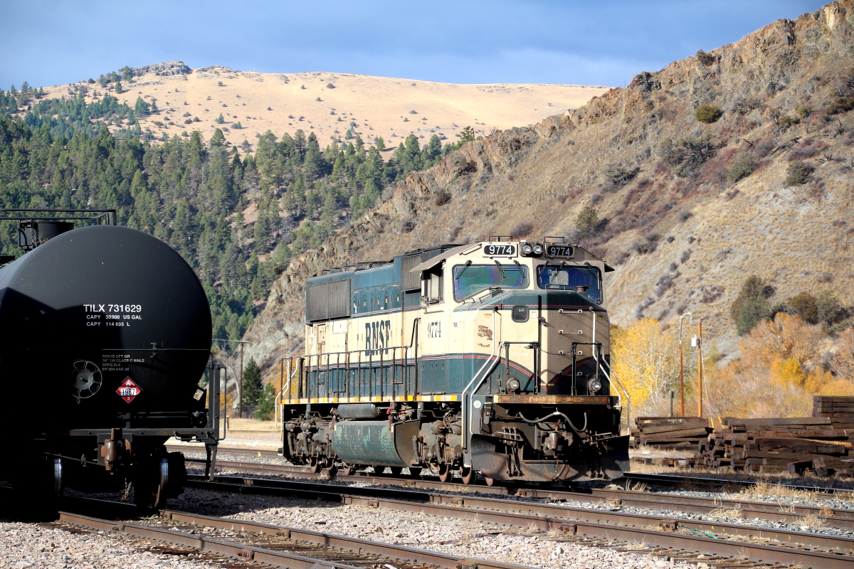 BNSF 9774 is a class EMD SD70MAC and  is pictured in Garrison, Montana, USA.  This was taken along the 3rd/MRL on the BNSF Railway. Photo Copyright: Rick Doughty uploaded to Railroad Gallery on 11/26/2024. This photograph of BNSF 9774 was taken on Saturday, October 19, 2024. All Rights Reserved. 