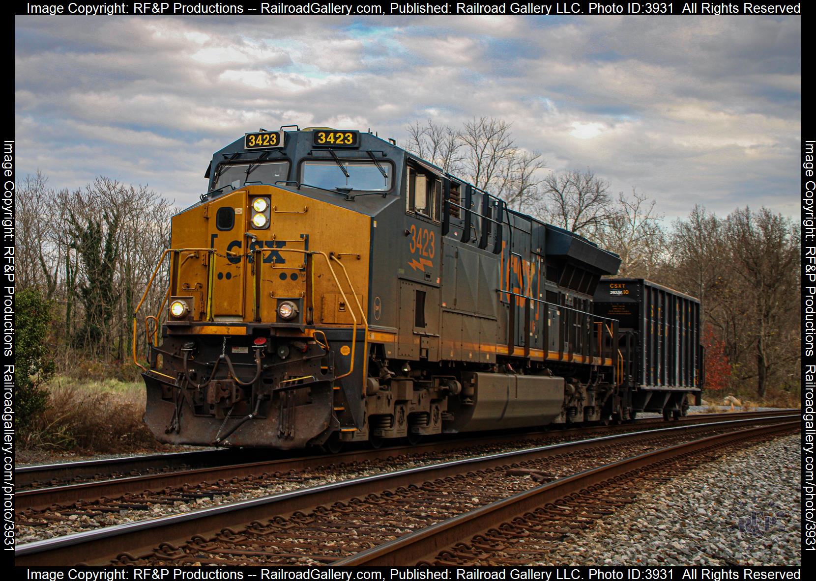 CSXT 3423 is a class GE ET44AH and  is pictured in Point of Rocks, Maryland, USA.  This was taken along the Metropolitan Subdivision on the CSX Transportation. Photo Copyright: RF&P Productions uploaded to Railroad Gallery on 11/27/2024. This photograph of CSXT 3423 was taken on Monday, November 25, 2024. All Rights Reserved. 