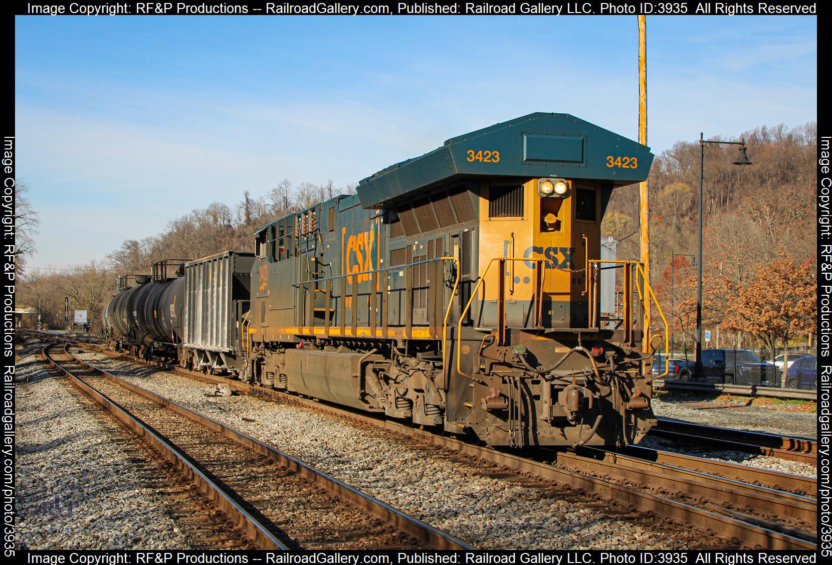 CSXT 3423 is a class GE ET44AH and  is pictured in Point of Rocks, Virginia, USA.  This was taken along the Metropolitan Subdivision on the CSX Transportation. Photo Copyright: RF&P Productions uploaded to Railroad Gallery on 11/28/2024. This photograph of CSXT 3423 was taken on Monday, November 25, 2024. All Rights Reserved. 