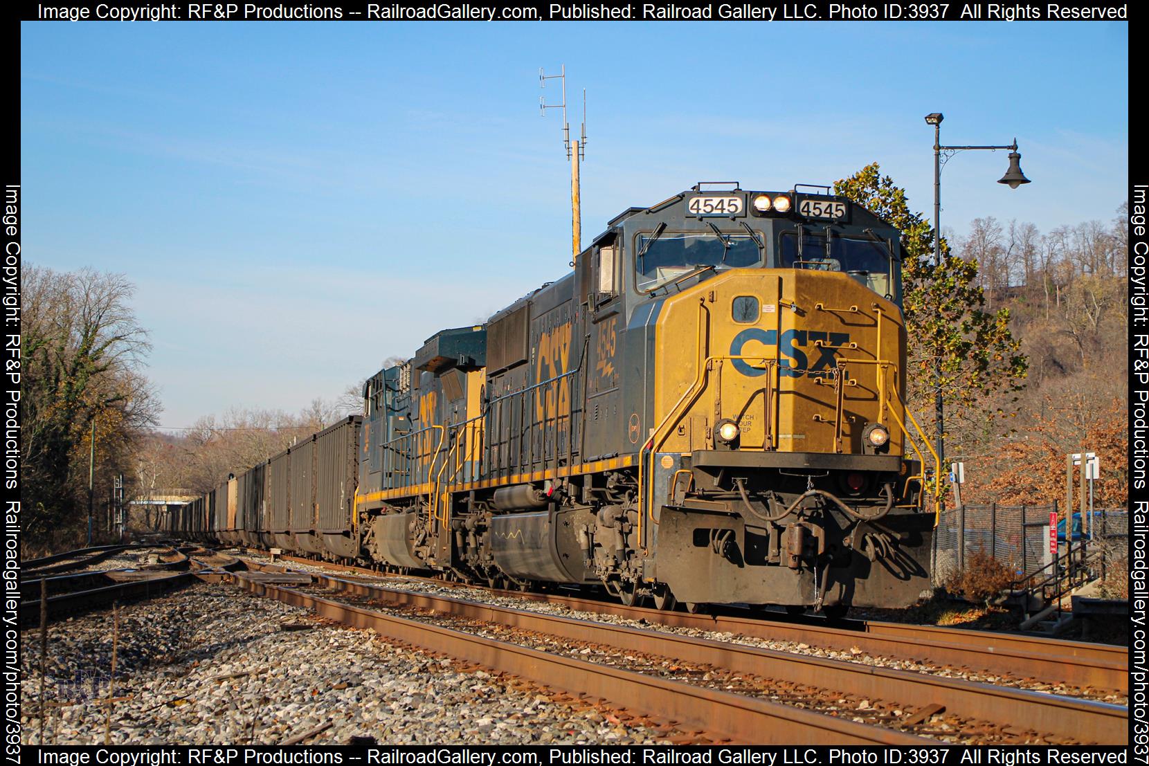 CSXT 4545 is a class EMD SD70AC and  is pictured in Point of Rocks, Maryland, USA.  This was taken along the Metropolitan Subdivision on the CSX Transportation. Photo Copyright: RF&P Productions uploaded to Railroad Gallery on 11/29/2024. This photograph of CSXT 4545 was taken on Monday, November 25, 2024. All Rights Reserved. 