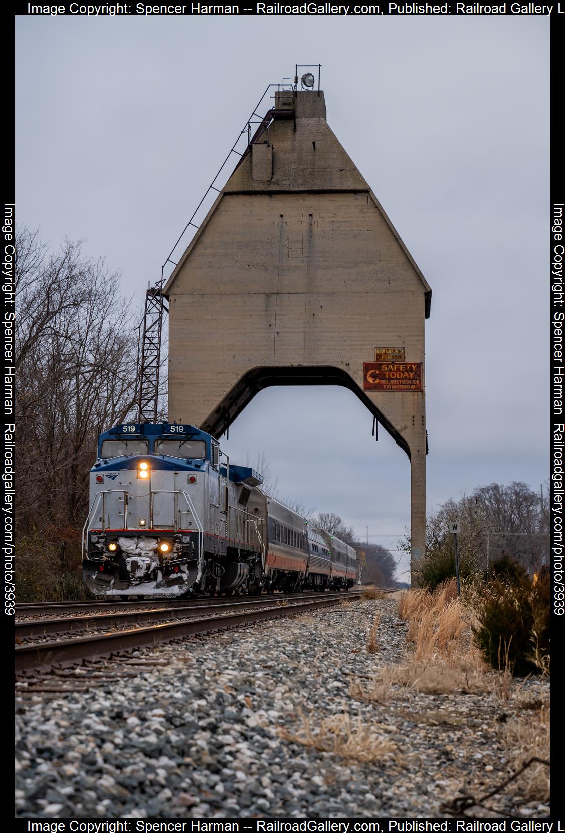 AMTK 519 is a class GE P32BWH (Dash 8-32BWH) and  is pictured in New Buffalo, Michigan, USA.  This was taken along the Grand Rapids Subdivision on the CSX Transportation. Photo Copyright: Spencer Harman uploaded to Railroad Gallery on 12/01/2024. This photograph of AMTK 519 was taken on Sunday, December 01, 2024. All Rights Reserved. 