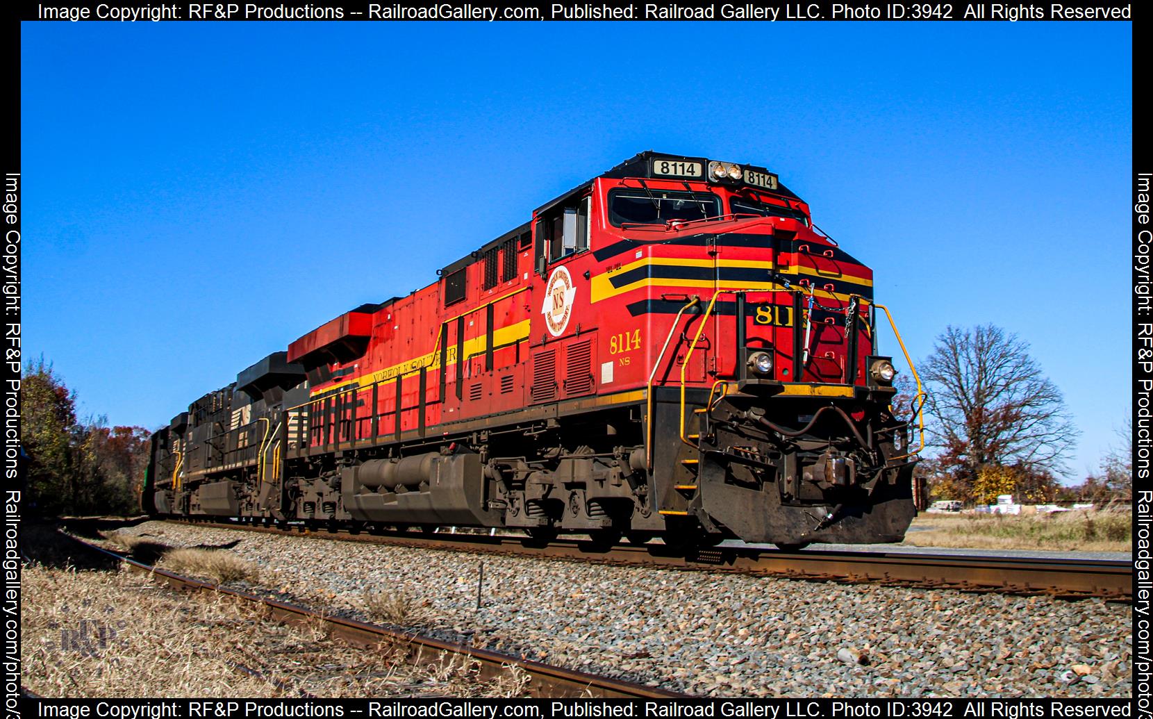 NS 8114 is a class GE ES44AC and  is pictured in Marshall, Virginia, USA.  This was taken along the B-Line Extension on the Norfolk Southern. Photo Copyright: RF&P Productions uploaded to Railroad Gallery on 12/02/2024. This photograph of NS 8114 was taken on Tuesday, November 14, 2023. All Rights Reserved. 