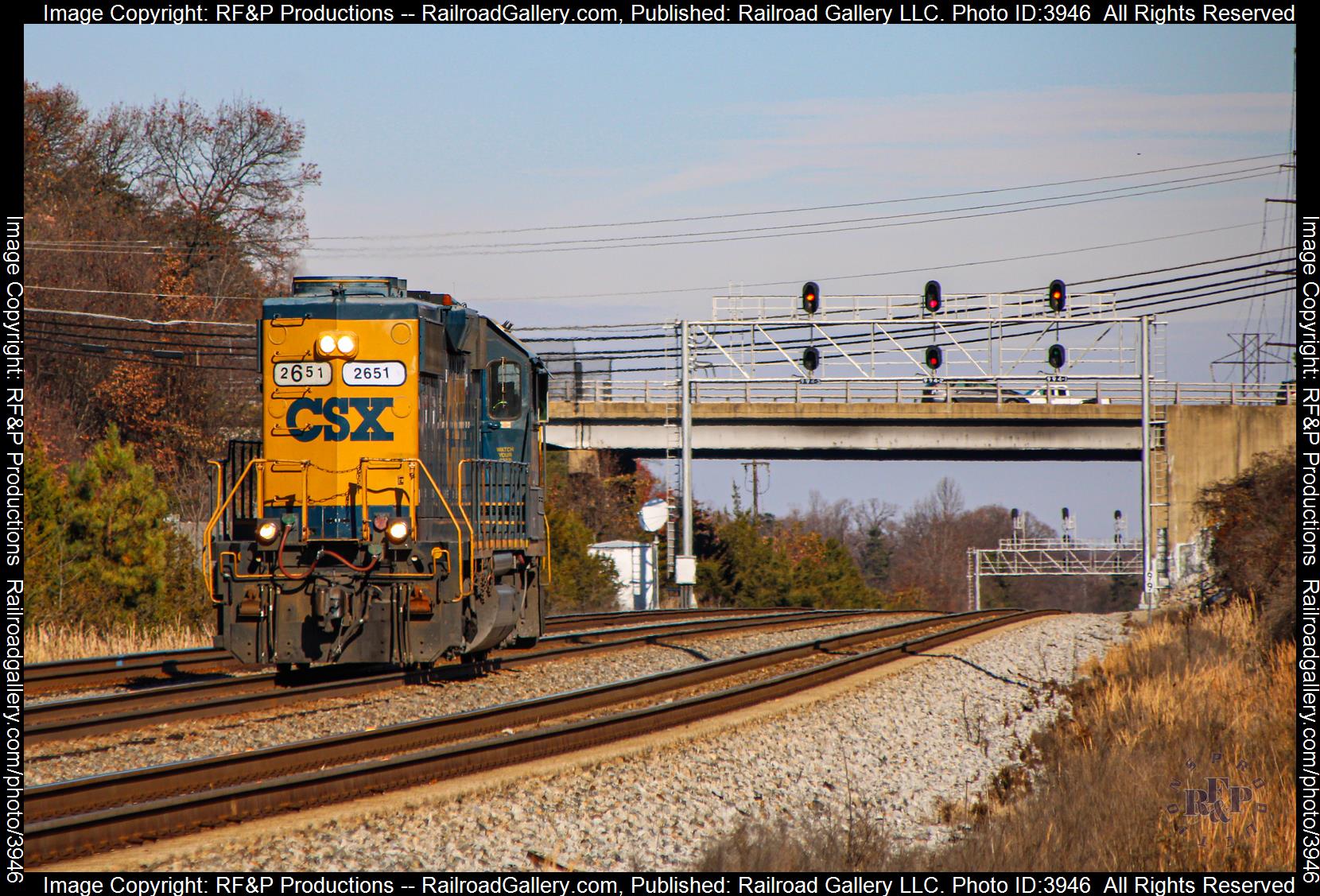 CSXT 2651 is a class EMD GP38-2 and  is pictured in Franconia, Virginia, USA.  This was taken along the RF&P Subdivision on the CSX Transportation. Photo Copyright: RF&P Productions uploaded to Railroad Gallery on 12/04/2024. This photograph of CSXT 2651 was taken on Wednesday, December 04, 2024. All Rights Reserved. 