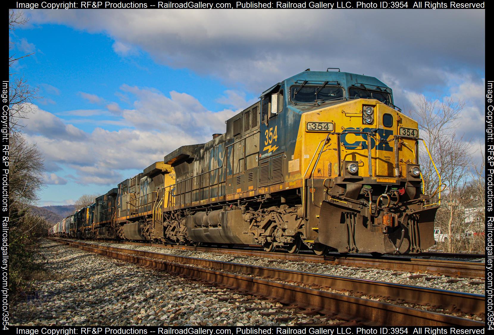 CSXT 354 is a class GE CW44AC and  is pictured in Brunswick, Maryland, USA.  This was taken along the Metropolitan Subdivision on the CSX Transportation. Photo Copyright: RF&P Productions uploaded to Railroad Gallery on 12/09/2024. This photograph of CSXT 354 was taken on Friday, December 06, 2024. All Rights Reserved. 