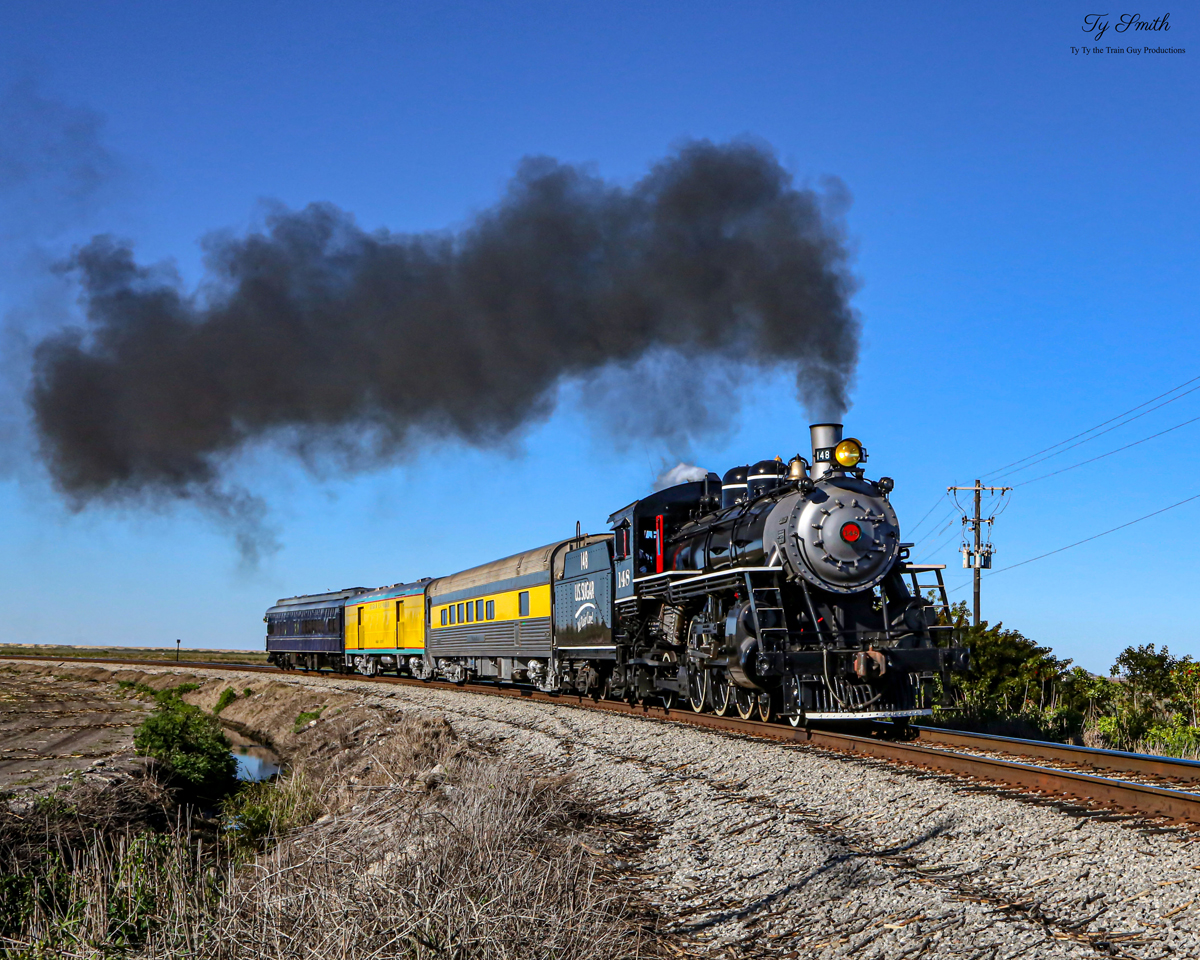 USSC 148 is a class 4-6-2 and  is pictured in Clewiston, Florida, United States.  This was taken along the United States Sugar Corporation on the Florida East Coast Railway. Photo Copyright: Tylynn Smith uploaded to Railroad Gallery on 12/13/2022. This photograph of USSC 148 was taken on Sunday, January 30, 2022. All Rights Reserved. 