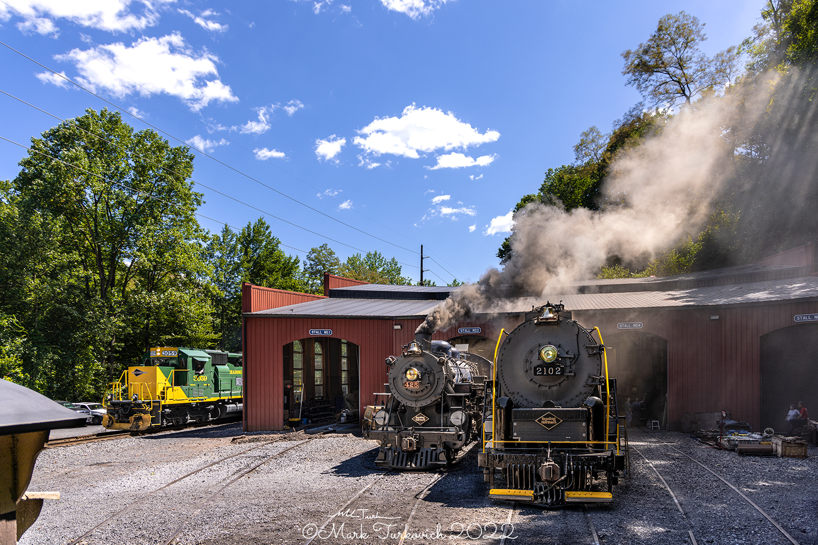 RDG 2102 is a class T-1 and  is pictured in Port Clinton, Pennsylvania, USA.  This was taken along the Reading & Northern Steam Shop on the Reading Company. Photo Copyright: Mark Turkovich uploaded to Railroad Gallery on 12/13/2022. This photograph of RDG 2102 was taken on Friday, August 12, 2022. All Rights Reserved. 