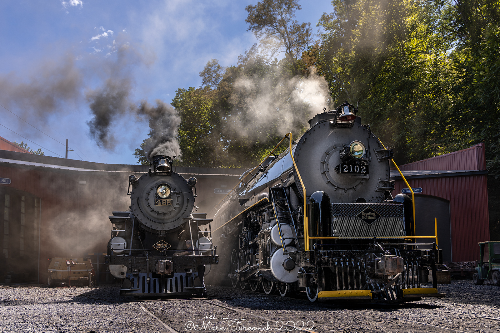 RDG 2102 is a class T-1 and  is pictured in Port Clinton, Pennsylvania, USA.  This was taken along the Reading & Northern Steam Shop on the Reading Company. Photo Copyright: Mark Turkovich uploaded to Railroad Gallery on 12/14/2022. This photograph of RDG 2102 was taken on Friday, August 12, 2022. All Rights Reserved. 