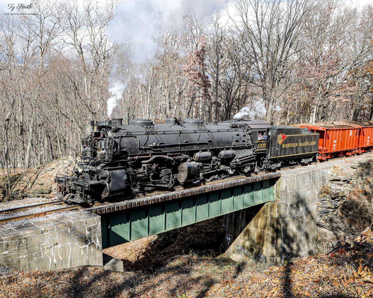 WMSR 1309 is a class 2-6-6-2 and  is pictured in Frostburg, Maryland, United States.  This was taken along the Cumberland & Pennsylvania Railroad on the Western Maryland Scenic Railroad. Photo Copyright: Tylynn Smith uploaded to Railroad Gallery on 12/15/2022. This photograph of WMSR 1309 was taken on Sunday, November 06, 2022. All Rights Reserved. 