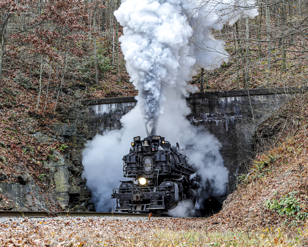 WMSR 1309 is a class 2-6-6-2 and  is pictured in La Vale, Maryland, USA.  This was taken along the Western Maryland Railway on the Western Maryland Scenic Railroad. Photo Copyright: Tylynn Smith uploaded to Railroad Gallery on 12/16/2022. This photograph of WMSR 1309 was taken on Sunday, November 06, 2022. All Rights Reserved. 