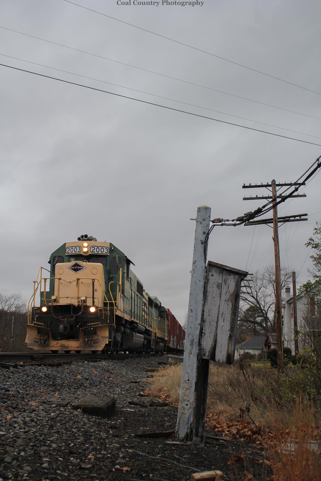 RBMN 2003 is a class SD38 and  is pictured in Duryea, Pennsylvania, USA.  This was taken along the Scranton Branch on the Reading Blue Mountain and Northern Railroad. Photo Copyright: Jake Nalaschi uploaded to Railroad Gallery on 11/11/2022. This photograph of RBMN 2003 was taken on Friday, November 11, 2022. All Rights Reserved. 