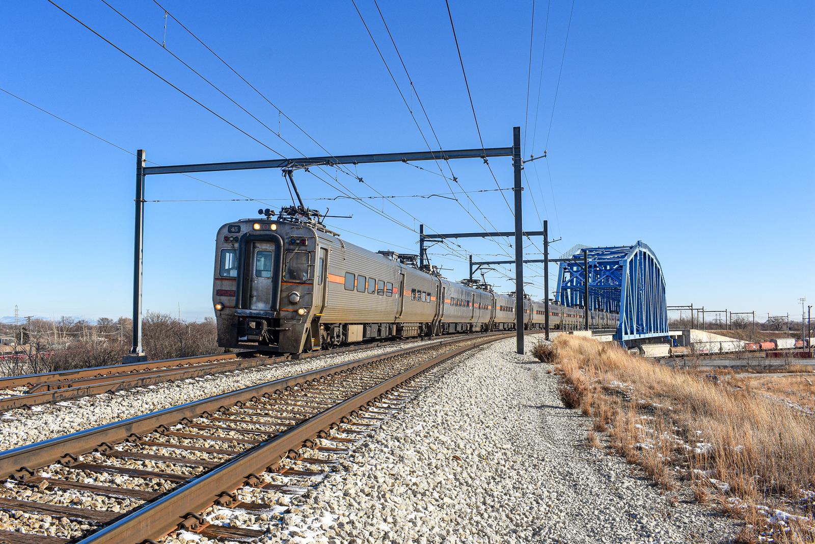 SSL 45 is a class Multiple Unit Passenger Car and  is pictured in Hegeswich, Illinois, United States.  This was taken along the South Shore Line to Chicago on the South Shore Line. Photo Copyright: Reed Hamilton uploaded to Railroad Gallery on 12/18/2022. This photograph of SSL 45 was taken on Sunday, December 18, 2022. All Rights Reserved. 