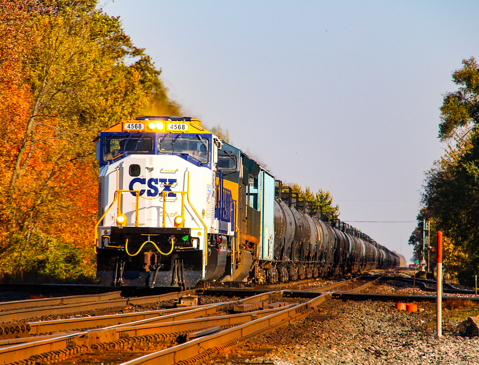 CSXT 4568 is a class EMD SD70MAC and  is pictured in Union Mills, Indiana, USA.  This was taken along the Garrett on the CSX Transportation. Photo Copyright: Lawrence Amaloo uploaded to Railroad Gallery on 11/11/2022. This photograph of CSXT 4568 was taken on Saturday, October 22, 2022. All Rights Reserved. 