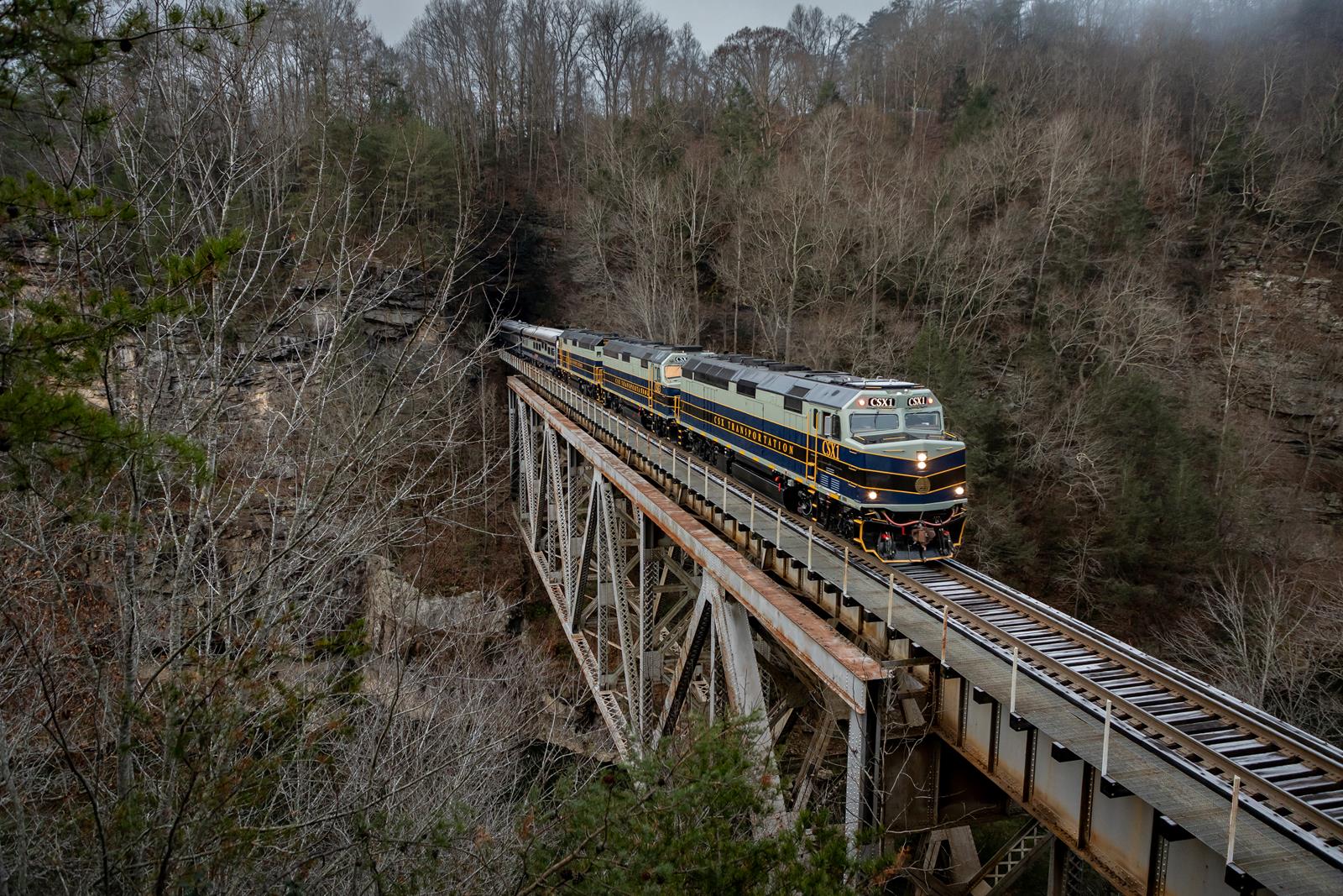 CSXT 1 is a class EMD F40PH and  is pictured in Elkhorn City, Kentucky , USA.  This was taken along the CSX Kingsport Subdivision  on the CSX Transportation. Photo Copyright: Zachary Giesenschlag uploaded to Railroad Gallery on 12/21/2022. This photograph of CSXT 1 was taken on Saturday, November 19, 2022. All Rights Reserved. 