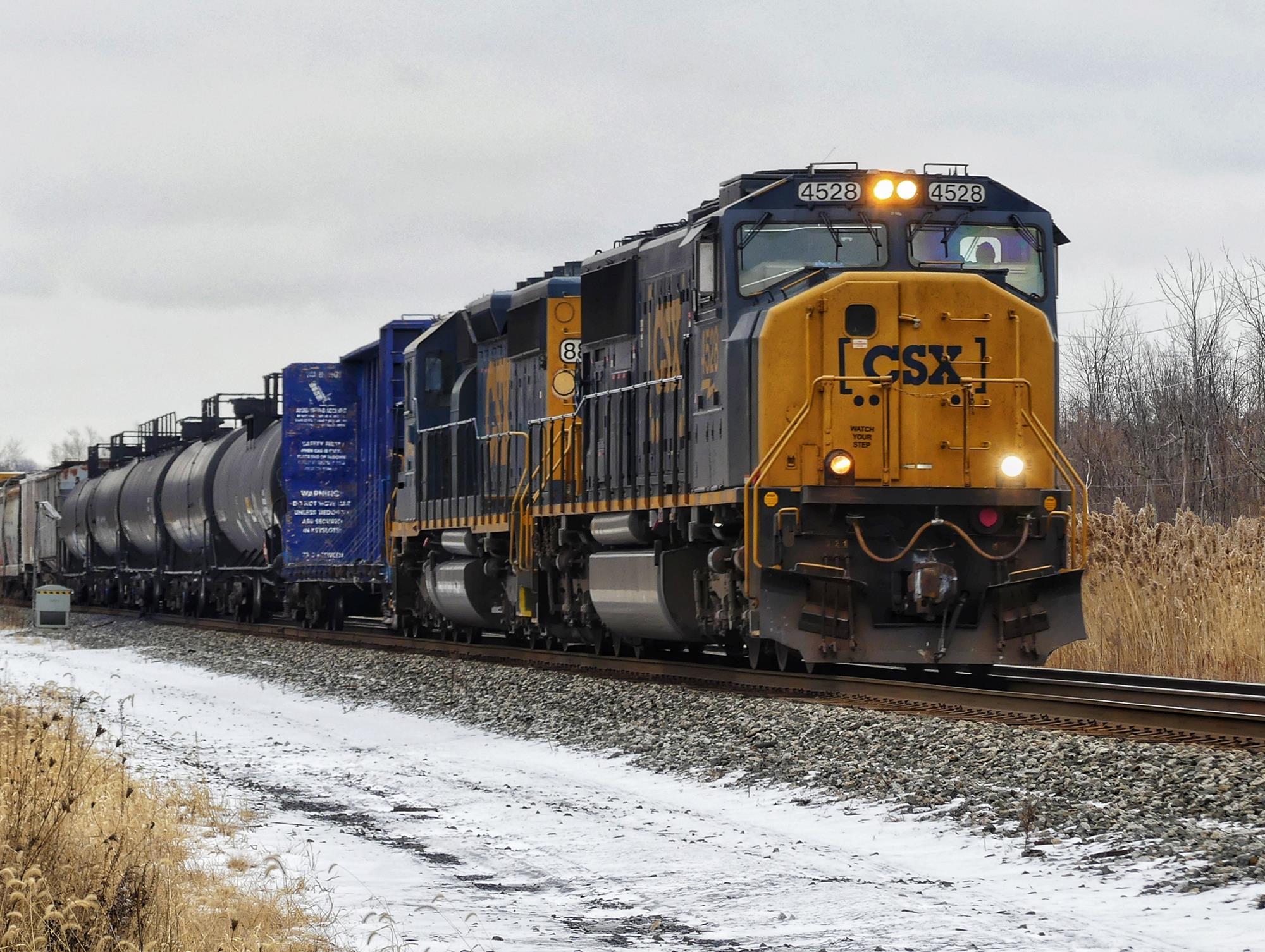 CSX 4528 is a class EMD SD70MAC and  is pictured in Macedon , New York , USA.  This was taken along the Rochester on the CSX Transportation. Photo Copyright: Scott  Murnan  uploaded to Railroad Gallery on 12/22/2022. This photograph of CSX 4528 was taken on Tuesday, December 20, 2022. All Rights Reserved. 