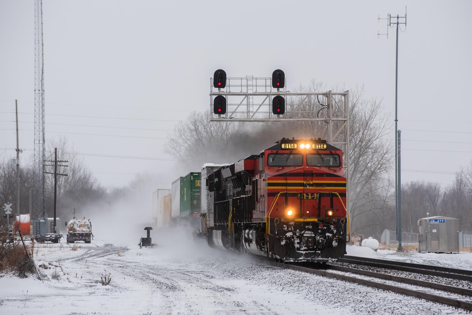 NS 8114 is a class GE ES44AC and  is pictured in Kendallville, Indiana, USA.  This was taken along the Chicago Line on the Norfolk Southern Railway. Photo Copyright: Spencer Harman uploaded to Railroad Gallery on 12/24/2022. This photograph of NS 8114 was taken on Saturday, December 24, 2022. All Rights Reserved. 