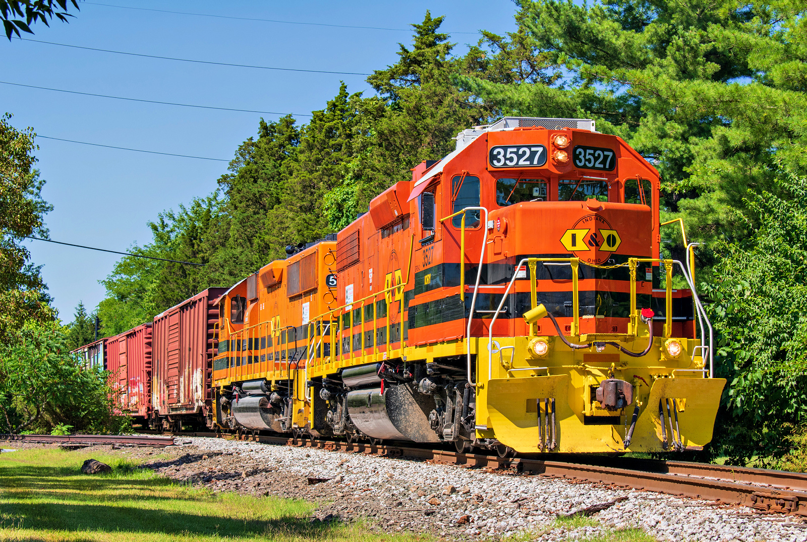 IORY 3527 is a class EMD GP38-2 and  is pictured in Blue Ash, Ohio, United States.  This was taken along the Blue Ash Subdivision on the Indiana and Ohio Railway. Photo Copyright: David Rohdenburg uploaded to Railroad Gallery on 12/24/2022. This photograph of IORY 3527 was taken on Thursday, June 30, 2022. All Rights Reserved. 