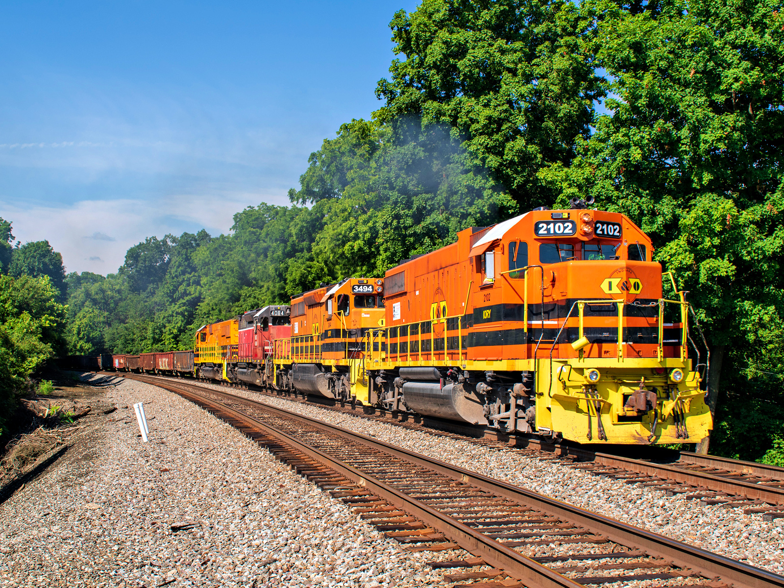 IORY 2102 is a class EMD GP38-2 and  is pictured in West Chester, OH, United States.  This was taken along the NS Dayton District on the Indiana and Ohio Railway. Photo Copyright: David Rohdenburg uploaded to Railroad Gallery on 12/24/2022. This photograph of IORY 2102 was taken on Friday, July 02, 2021. All Rights Reserved. 