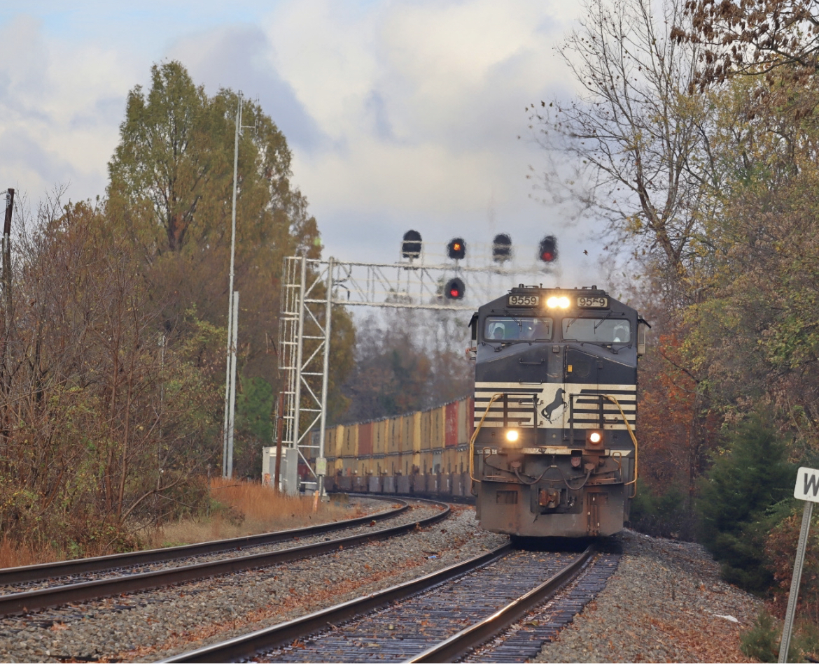 NS 9559 is a class GE C40-9W (Dash 9-40CW) and  is pictured in Charlottesville, VA, United States.  This was taken along the NS Washington District  on the Norfolk Southern. Photo Copyright: Robby Lefkowitz uploaded to Railroad Gallery on 11/12/2022. This photograph of NS 9559 was taken on Friday, November 11, 2022. All Rights Reserved. 