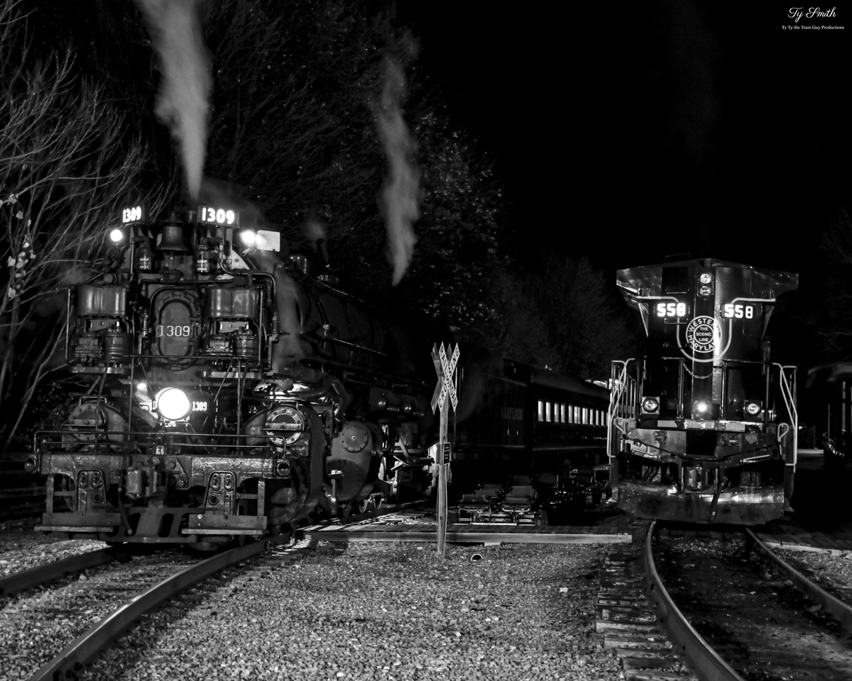 WMSR 1309 is a class 2-6-6-2 and  is pictured in Frostburg, Maryland, USA.  This was taken along the Western Maryland Railway on the Western Maryland Scenic Railroad. Photo Copyright: Tylynn Smith uploaded to Railroad Gallery on 12/29/2022. This photograph of WMSR 1309 was taken on Friday, November 04, 2022. All Rights Reserved. 