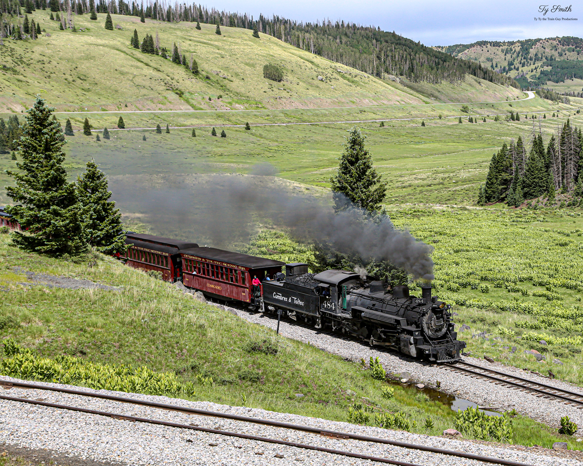 C&TS 484 is a class 2-8-2 and  is pictured in Chama, New Mexico, USA.  This was taken along the San Juan Extension on the Cumbres & Toltec Scenic Railroad. Photo Copyright: Tylynn Smith uploaded to Railroad Gallery on 12/29/2022. This photograph of C&TS 484 was taken on Sunday, July 03, 2022. All Rights Reserved. 