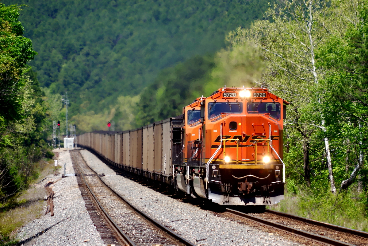 BNSF 9728 is a class EMD SD70MAC and  is pictured in Page, Oklahoma, USA.  This was taken along the Shreveport/KCS on the BNSF Railway. Photo Copyright: Rick Doughty uploaded to Railroad Gallery on 12/16/2024. This photograph of BNSF 9728 was taken on Wednesday, April 15, 2020. All Rights Reserved. 